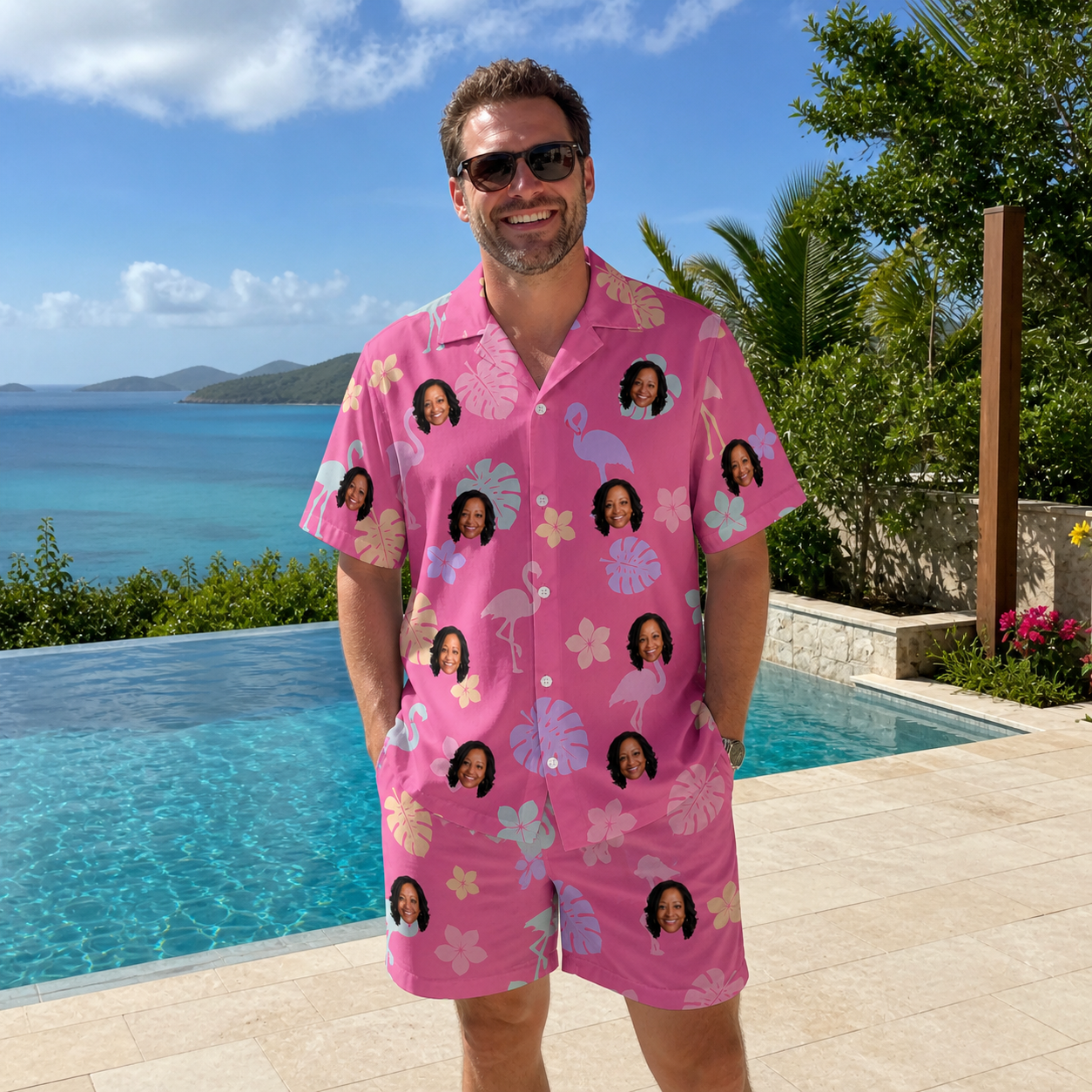 Real-life photo of someone wearing Men's Fuchsia Flock Custom Face Shirt & Shorts Set — custom faces printed all-over