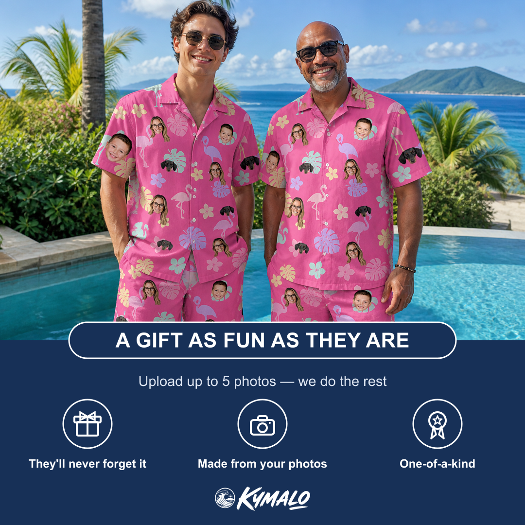 Friends in matching Men's Fuchsia Flock Custom Face Shirt & Shorts Set — a group gift photo