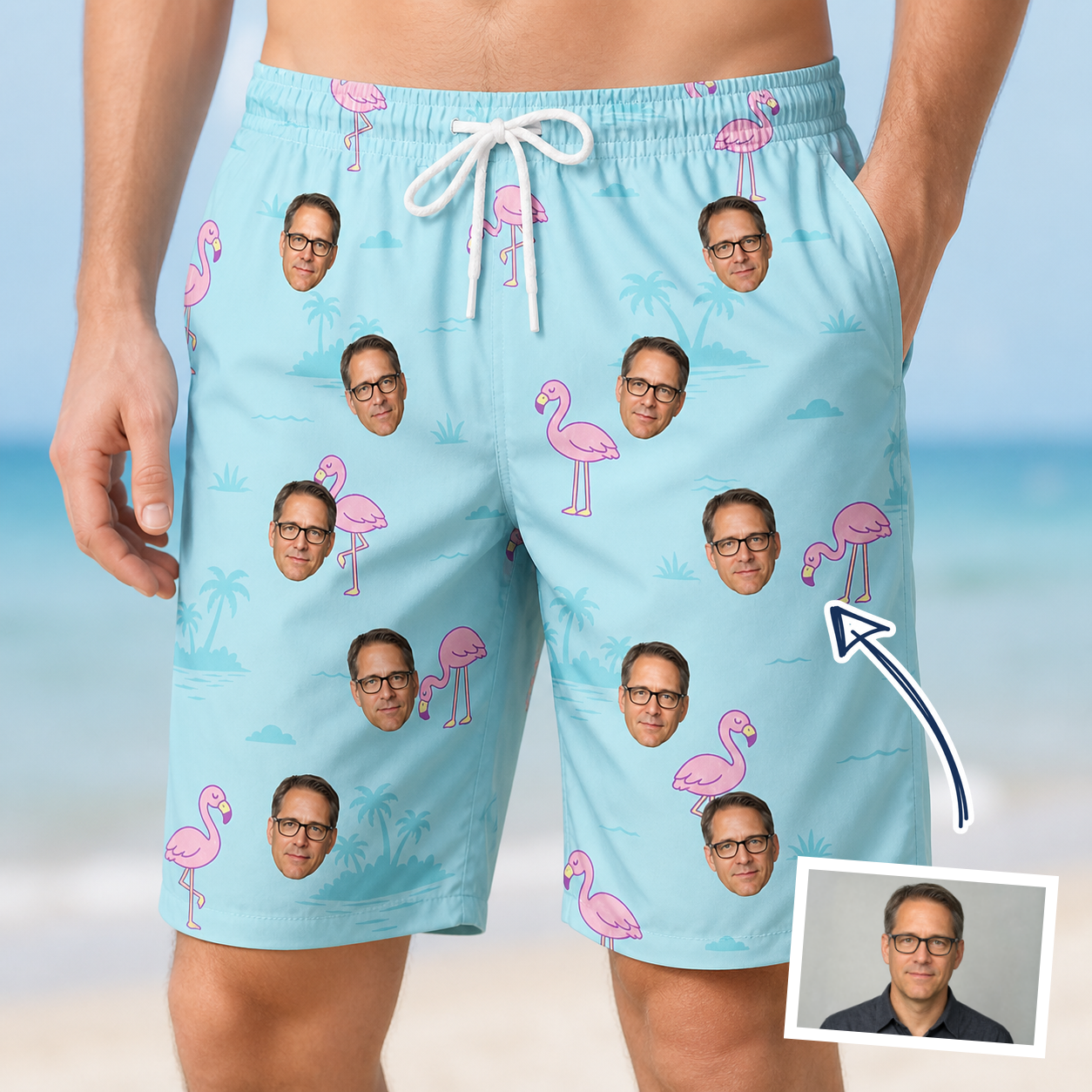 Man wearing Men's Blush Birds Custom Face Beach Shorts — custom faces printed all-over