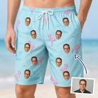 Man wearing Men's Blush Birds Custom Face Beach Shorts — custom faces printed all-over