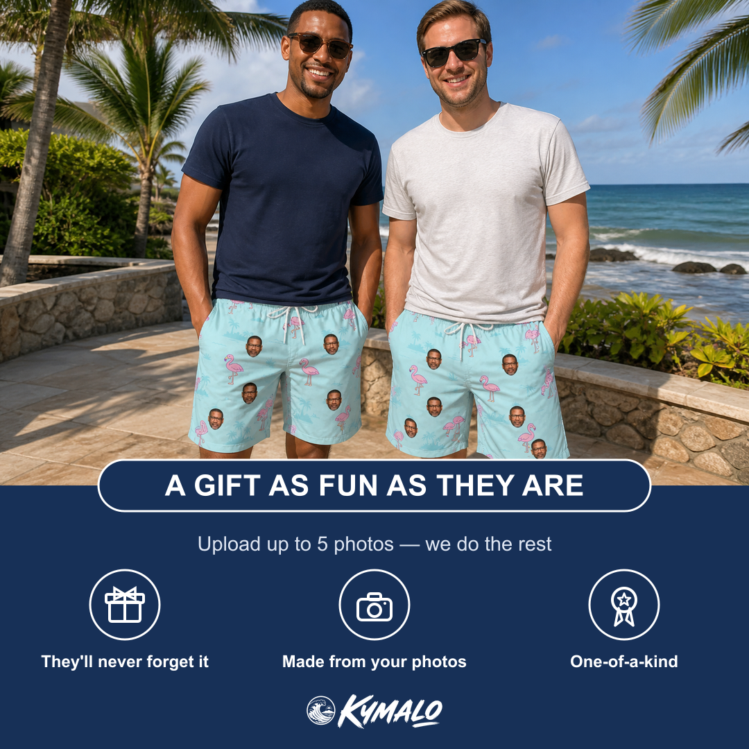 Friends in matching Men's Blush Birds Custom Face Beach Shorts — a group gift photo