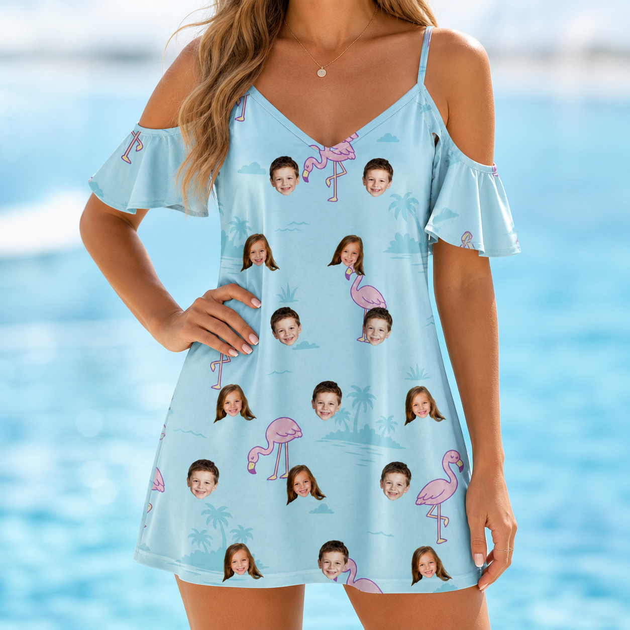 Model wearing Women's Blush Birds Custom Face Off-Shoulder Dress printed with kids' faces