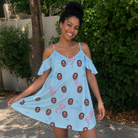 Real-life photo of someone wearing Women's Blush Birds Custom Face Off-Shoulder Dress — custom faces printed all-over