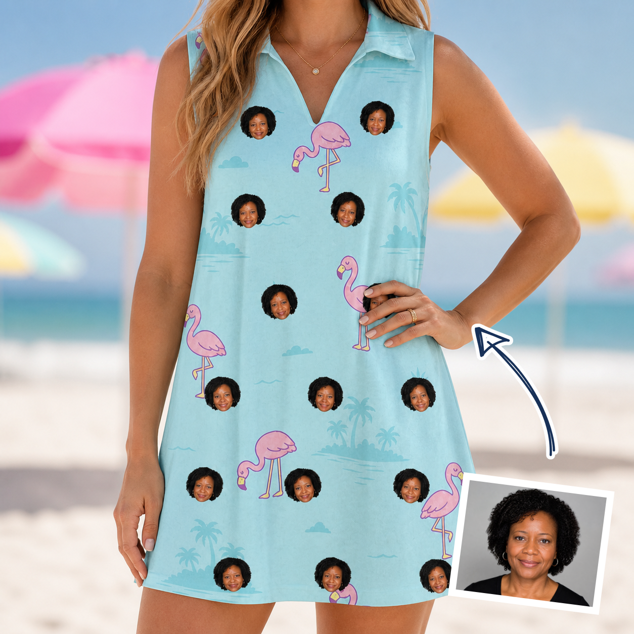 Woman wearing Women's Blush Birds Custom Face V-Neck Dress — custom faces printed all-over