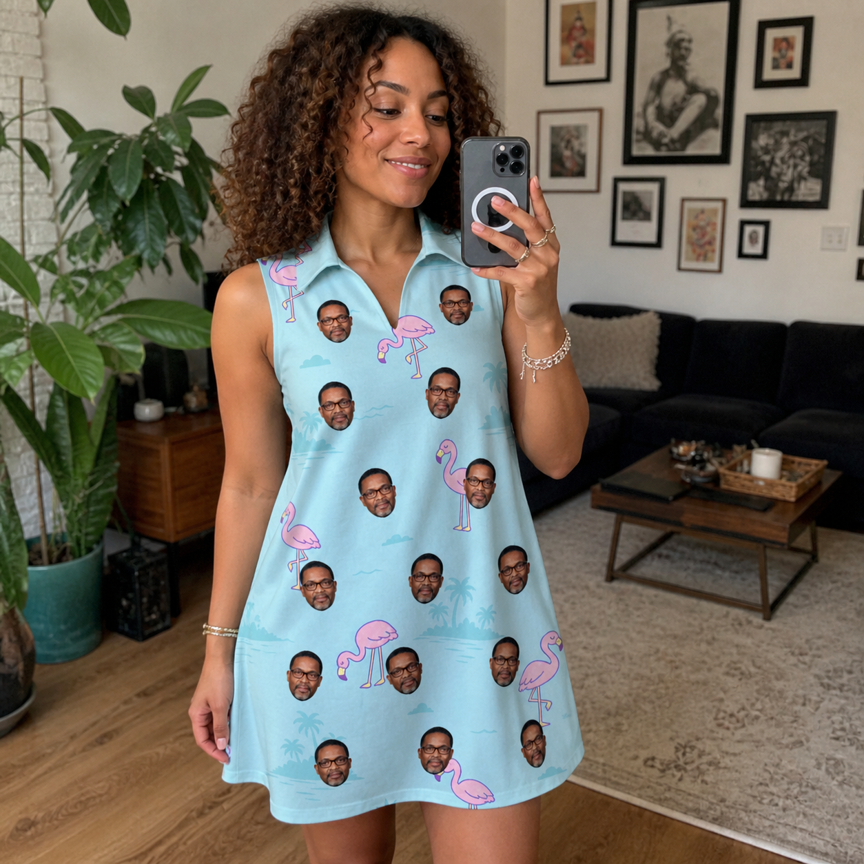 Real-life photo of someone wearing Women's Blush Birds Custom Face V-Neck Dress — custom faces printed all-over