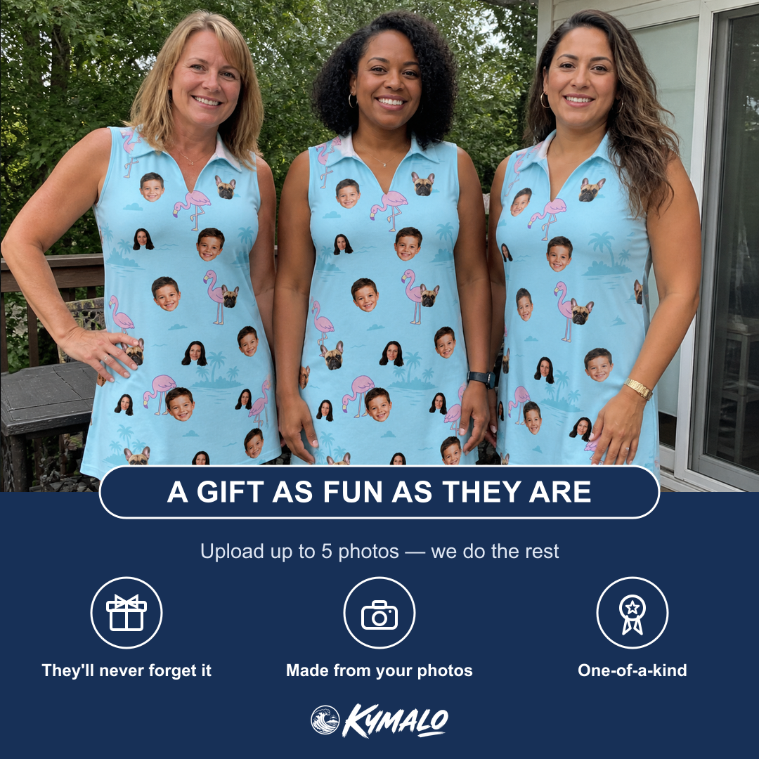 Friends in matching Women's Blush Birds Custom Face V-Neck Dress — a group gift photo