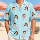 Model wearing Men's Blush Birds Custom Face Hawaiian Shirt printed with kids' faces