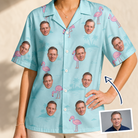 Woman wearing Women's Blush Birds Custom Face Hawaiian Shirt — custom faces printed all-over