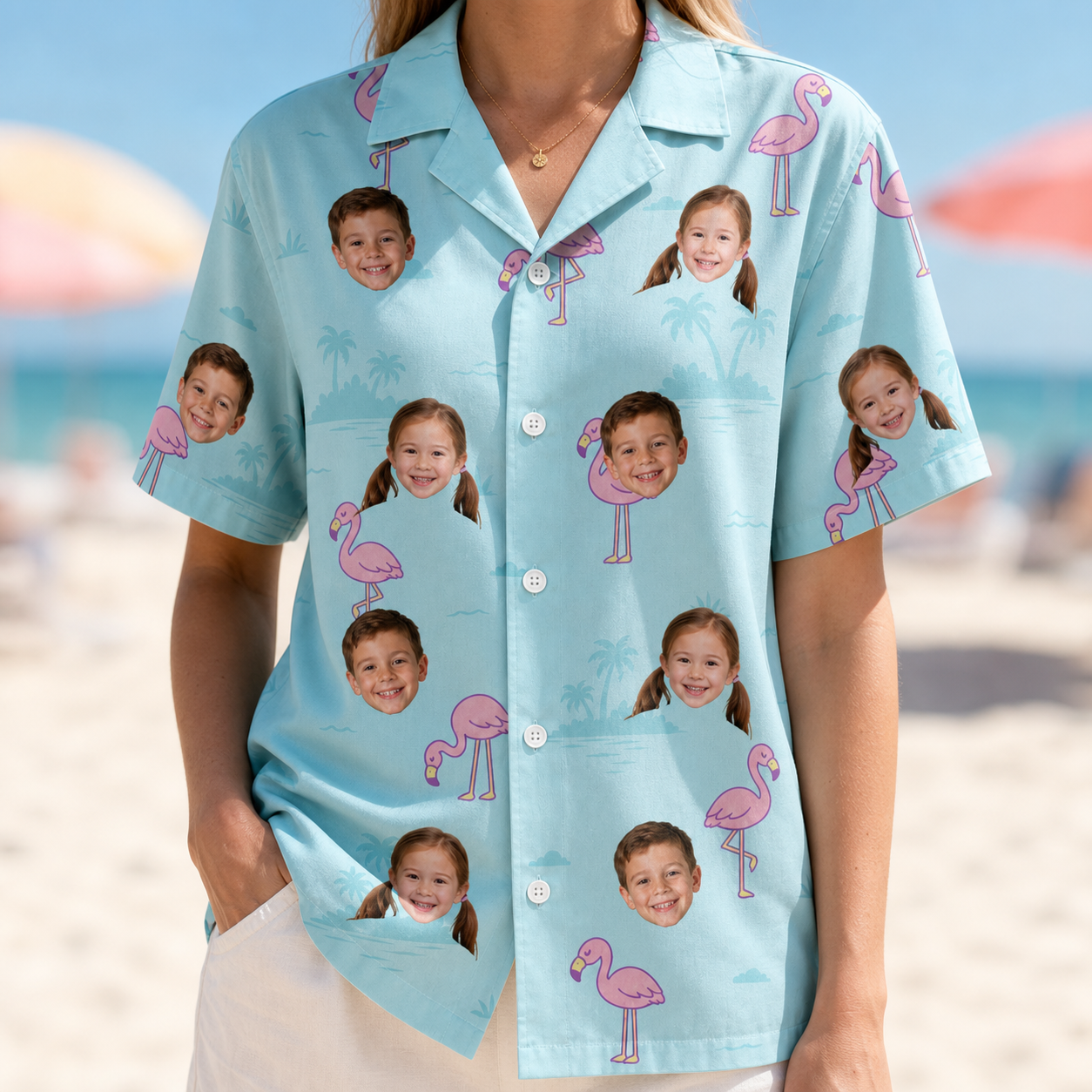 Model wearing Women's Blush Birds Custom Face Hawaiian Shirt printed with kids' faces