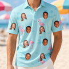 Model wearing Men's Blush Birds Custom Face Polo Shirt printed with kids' faces