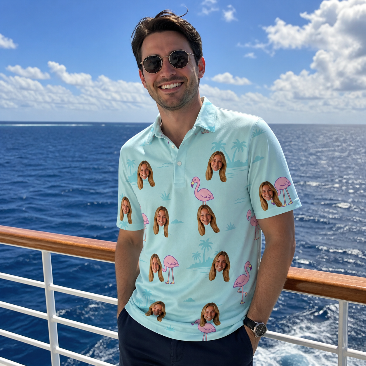 Real-life photo of someone wearing Men's Blush Birds Custom Face Polo Shirt — custom faces printed all-over