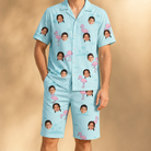 Model wearing Men's Blush Birds Custom Face Shirt & Shorts Set printed with kids' faces