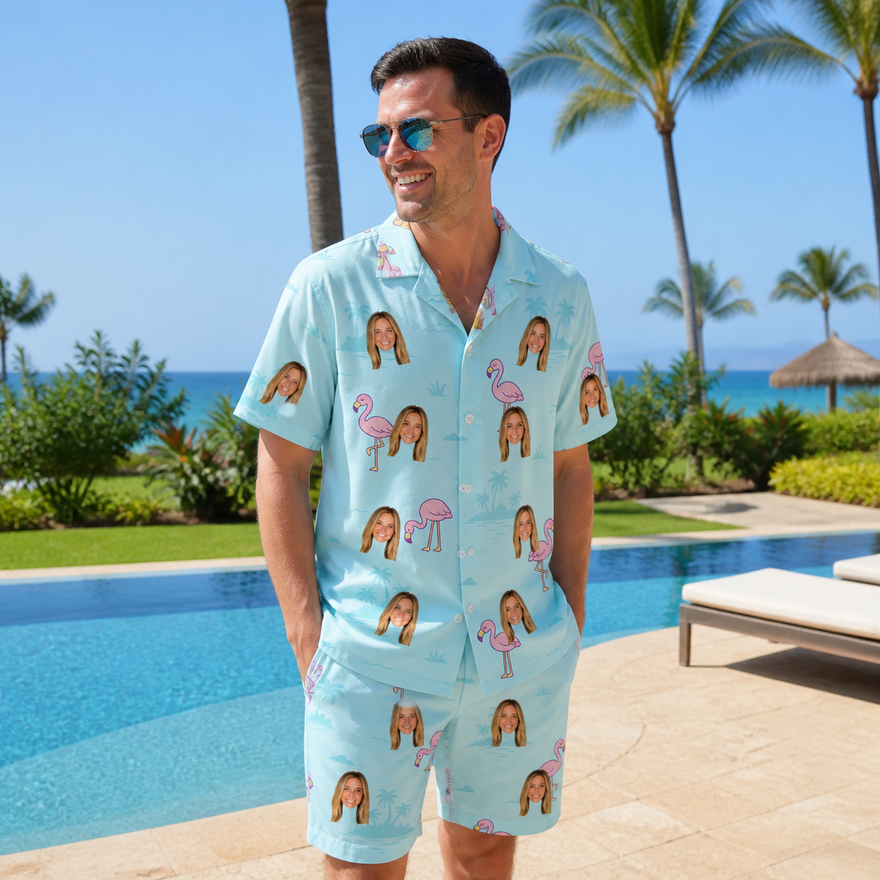 Real-life photo of someone wearing Men's Blush Birds Custom Face Shirt & Shorts Set — custom faces printed all-over