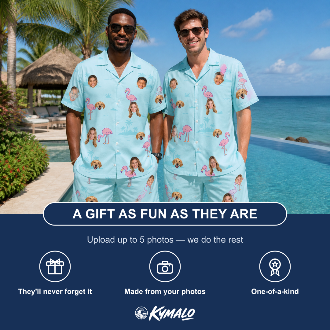 Friends in matching Men's Blush Birds Custom Face Shirt & Shorts Set — a group gift photo