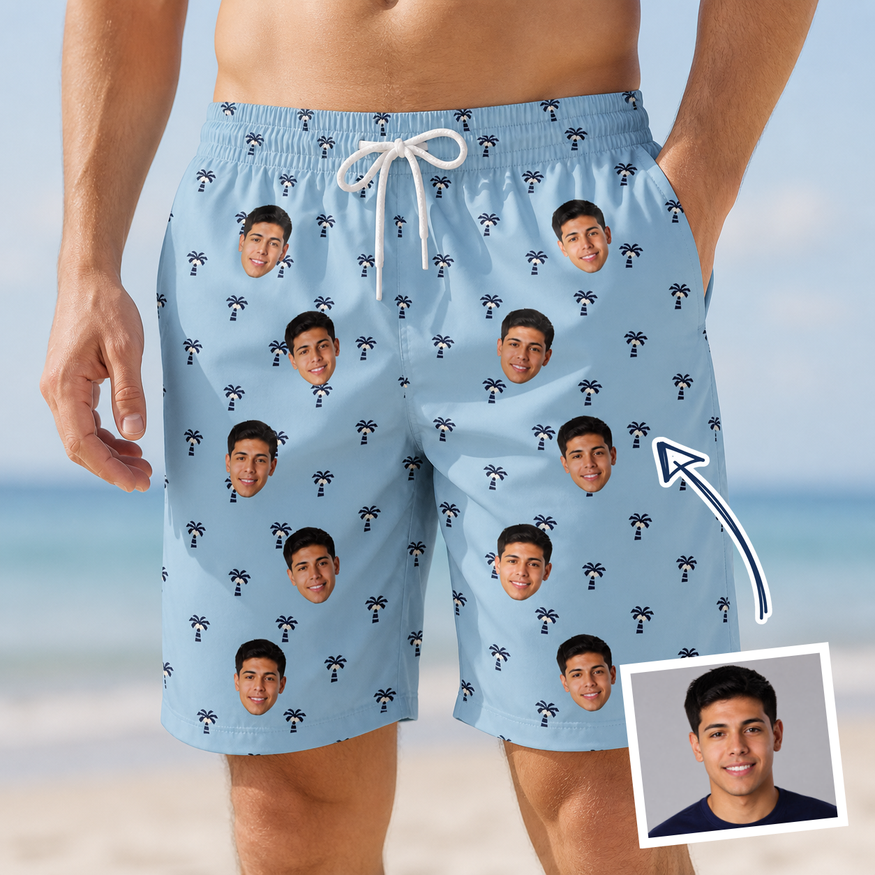 Man wearing Men's Palm Parasol Custom Face Beach Shorts — custom faces printed all-over