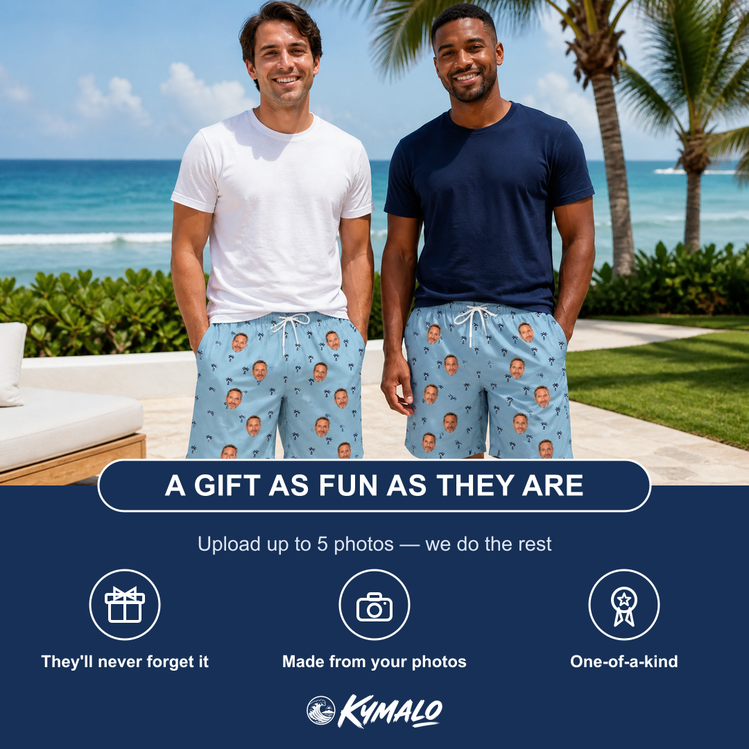 Friends in matching Men's Palm Parasol Custom Face Beach Shorts — a group gift photo