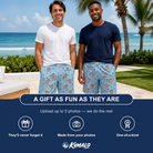 Friends in matching Men's Palm Parasol Custom Face Beach Shorts — a group gift photo