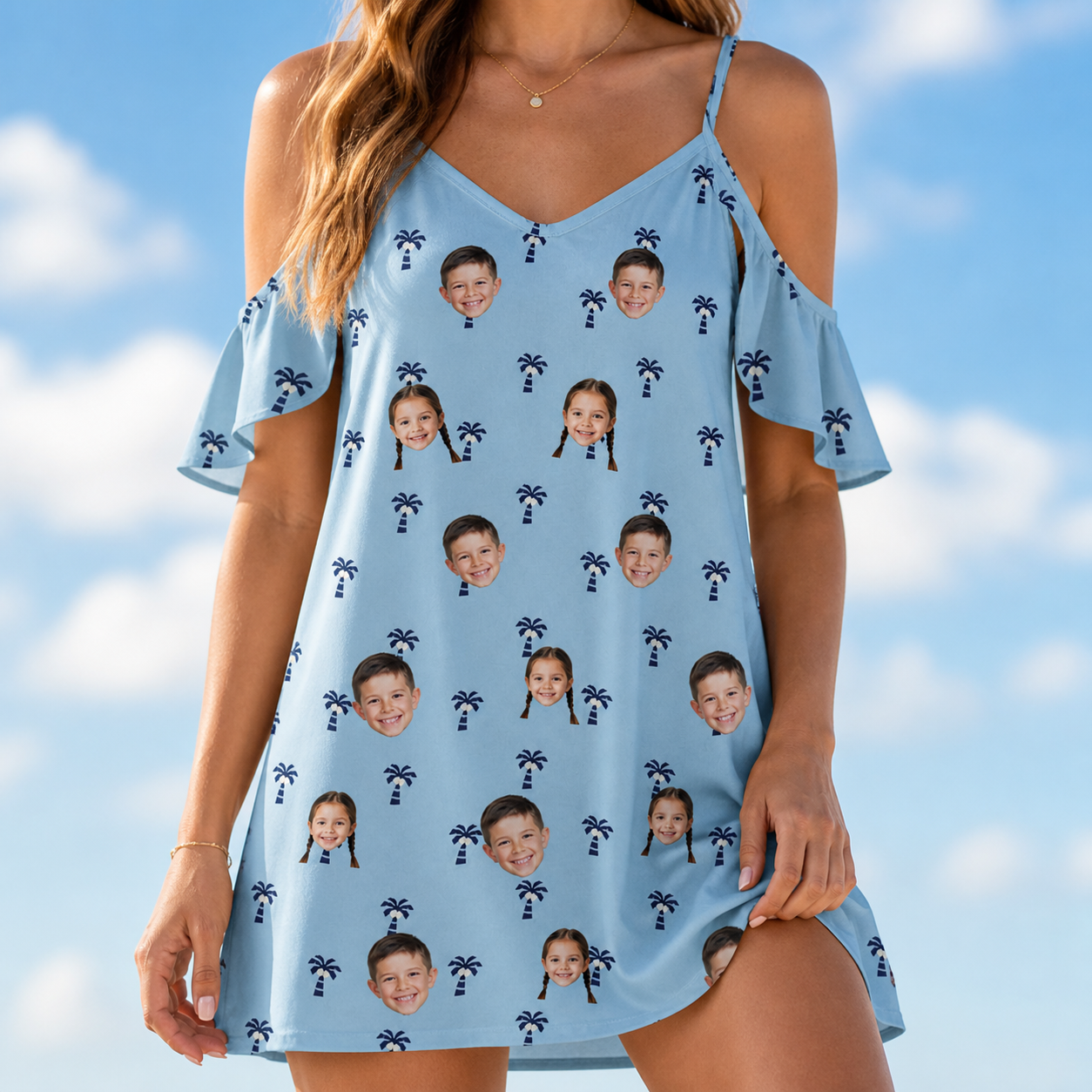 Model wearing Women's Palm Parasol Custom Face Off-Shoulder Dress printed with kids' faces