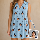 Woman wearing Women's Palm Parasol Custom Face V-Neck Dress — custom faces printed all-over