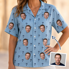 Woman wearing Women's Palm Parasol Custom Face Hawaiian Shirt — custom faces printed all-over