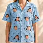 Model wearing Women's Palm Parasol Custom Face Hawaiian Shirt printed with kids' faces