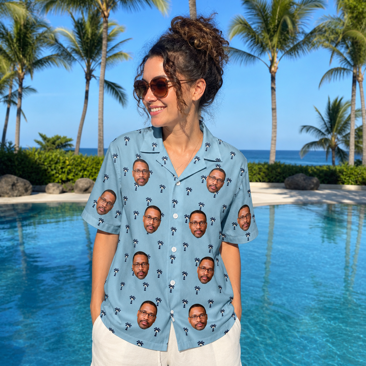 Real-life photo of someone wearing Women's Palm Parasol Custom Face Hawaiian Shirt — custom faces printed all-over