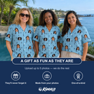 Friends in matching Women's Palm Parasol Custom Face Hawaiian Shirt — a group gift photo