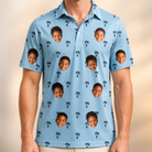 Model wearing Men's Palm Parasol Custom Face Polo Shirt printed with kids' faces