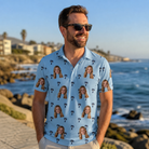 Real-life photo of someone wearing Men's Palm Parasol Custom Face Polo Shirt — custom faces printed all-over