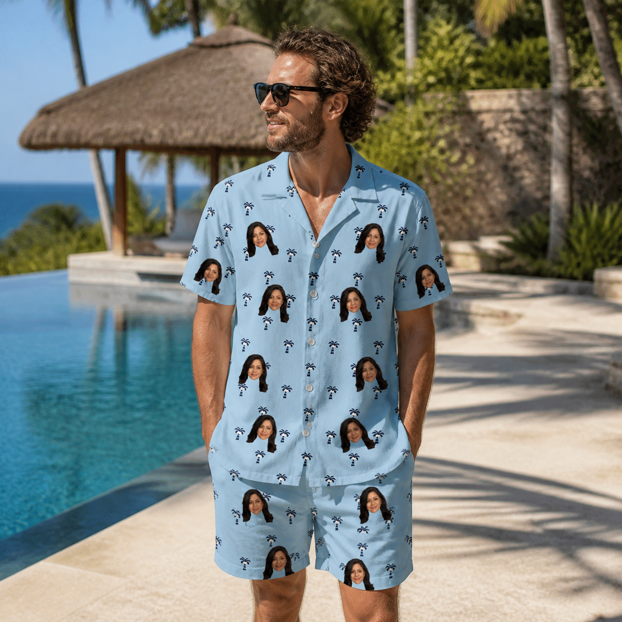 Real-life photo of someone wearing Men's Palm Parasol Custom Face Shirt & Shorts Set — custom faces printed all-over