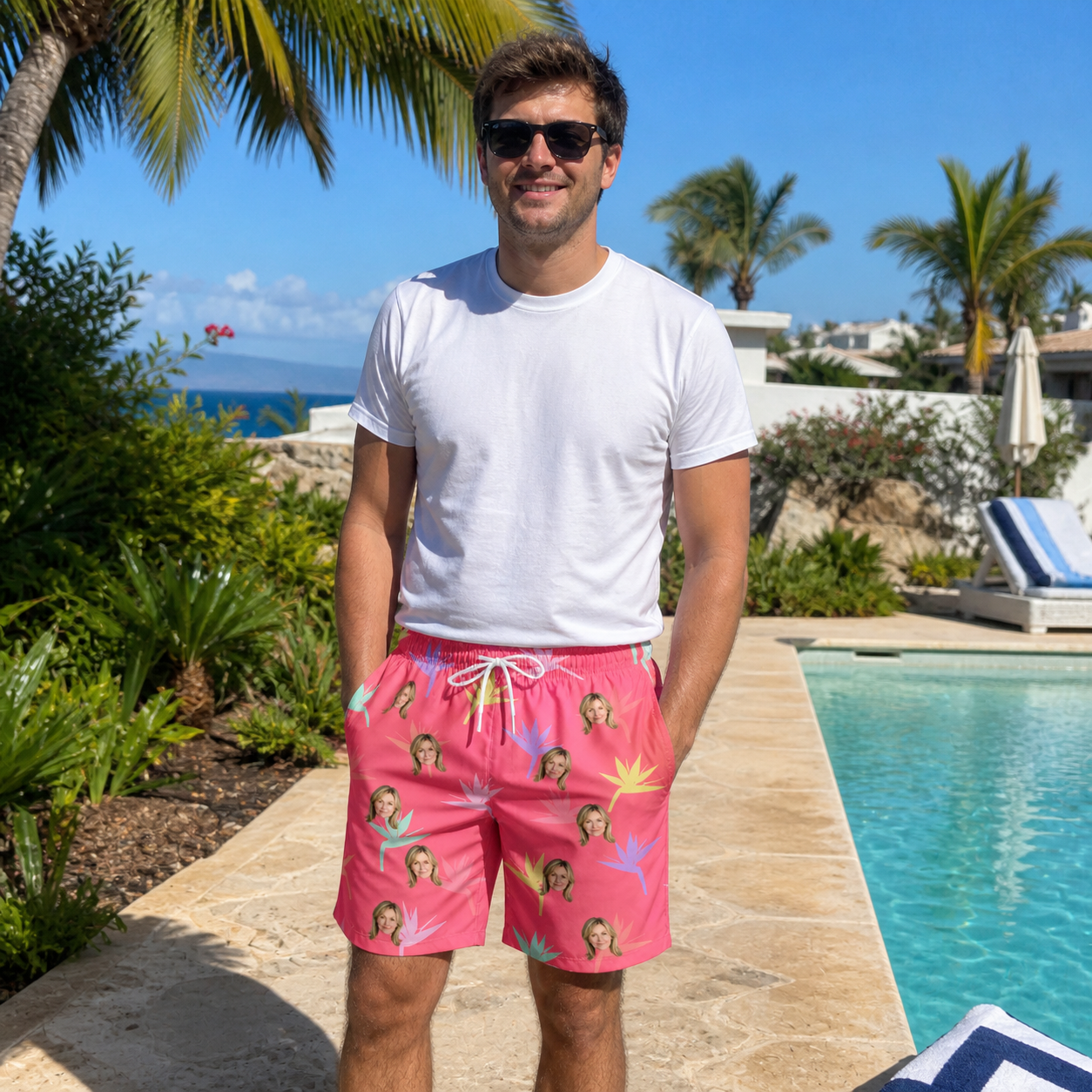 Real-life photo of someone wearing Men's Paradise Punch Custom Face Beach Shorts — custom faces printed all-over