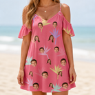Model wearing Women's Paradise Punch Custom Face Off-Shoulder Dress printed with kids' faces