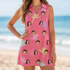 Model wearing Women's Paradise Punch Custom Face V-Neck Dress printed with kids' faces