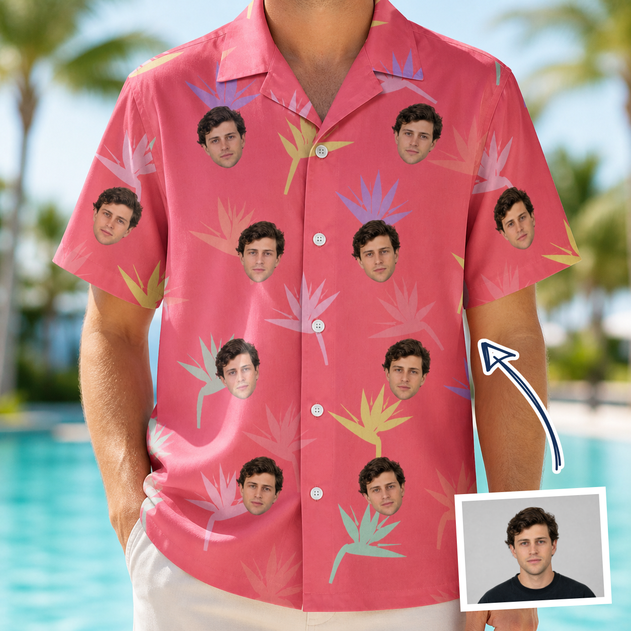Man wearing Men's Paradise Punch Custom Face Hawaiian Shirt — custom faces printed all-over