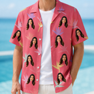 Man wearing Men's Paradise Punch Custom Face Hawaiian Shirt open over a white tee