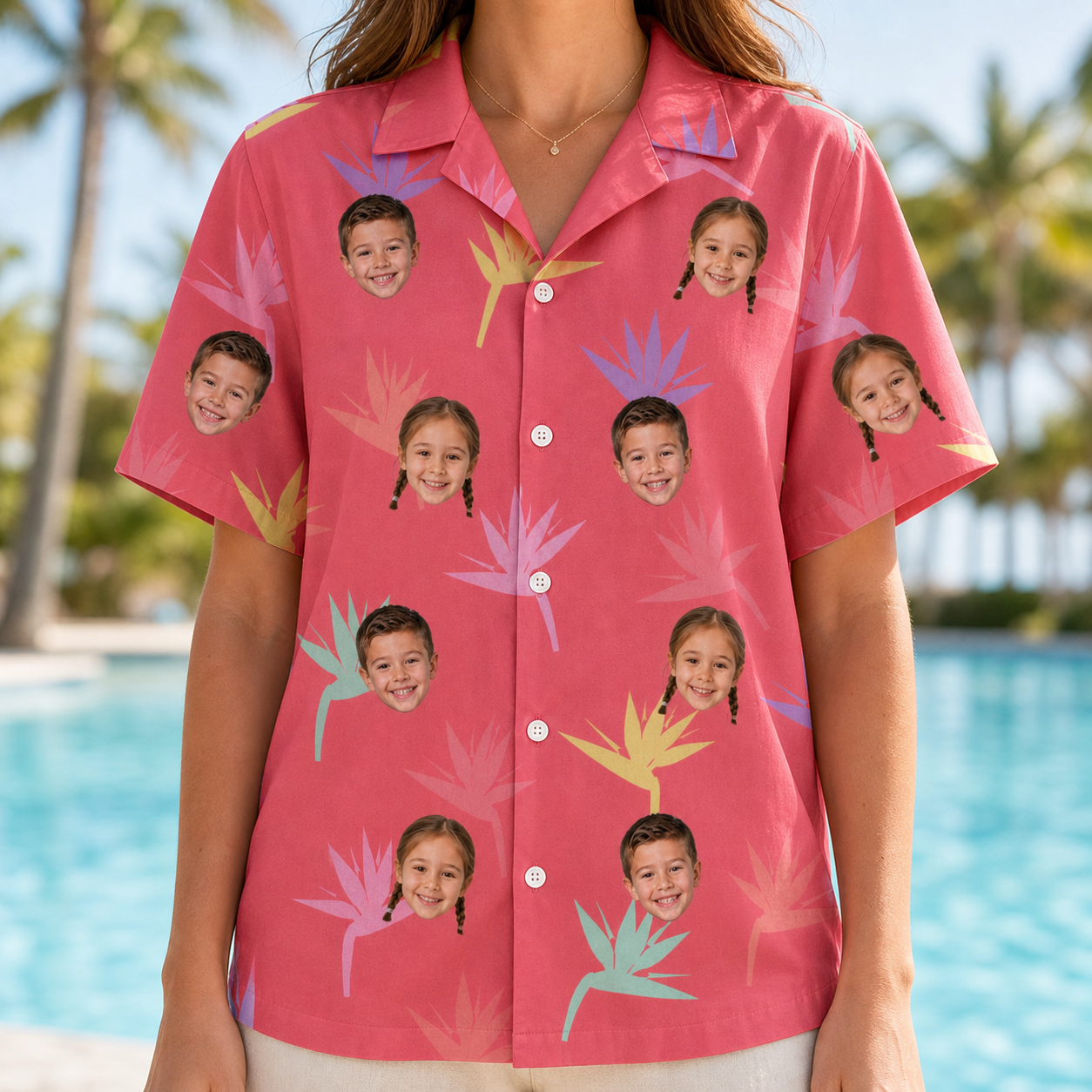 Model wearing Women's Paradise Punch Custom Face Hawaiian Shirt printed with kids' faces