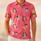 Model wearing Men's Paradise Punch Custom Face Polo Shirt printed with kids' faces