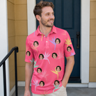 Real-life photo of someone wearing Men's Paradise Punch Custom Face Polo Shirt — custom faces printed all-over
