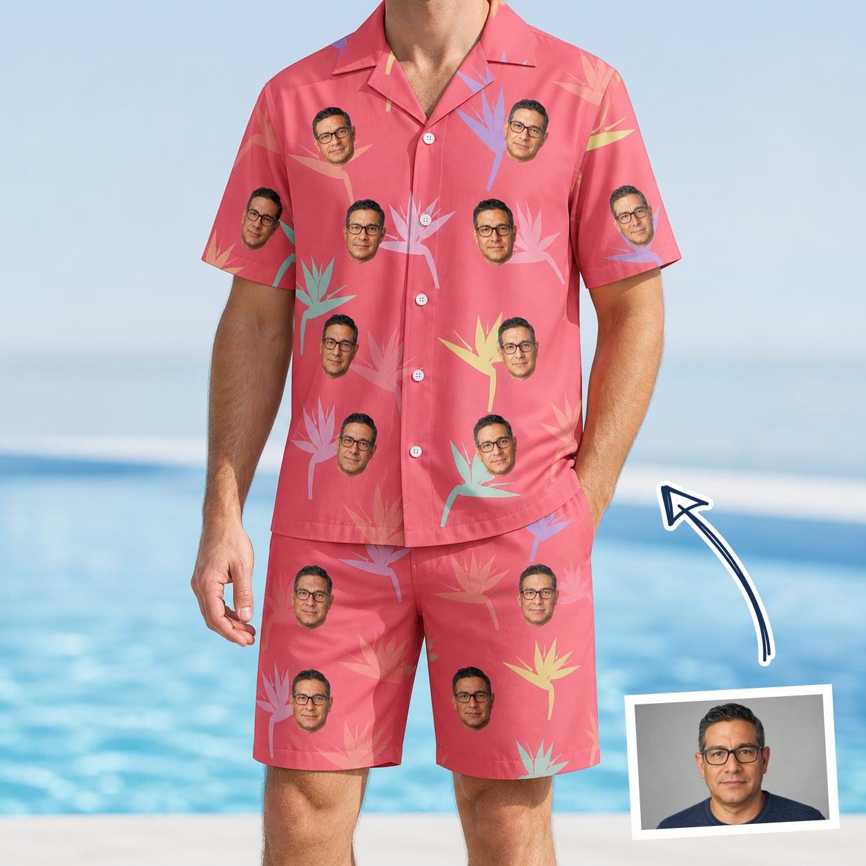 Man wearing Men's Paradise Punch Custom Face Shirt & Shorts Set — custom faces printed all-over
