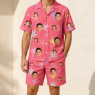 Model wearing Men's Paradise Punch Custom Face Shirt & Shorts Set printed with kids' faces