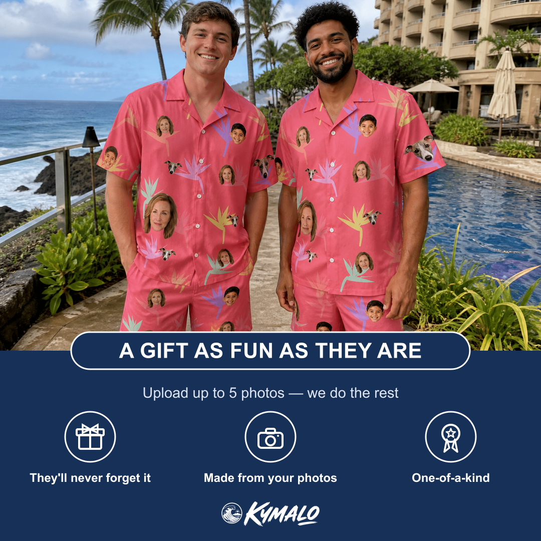 Friends in matching Men's Paradise Punch Custom Face Shirt & Shorts Set — a group gift photo