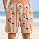 Model wearing Men's Torch Blossoms Custom Face Beach Shorts printed with kids' faces