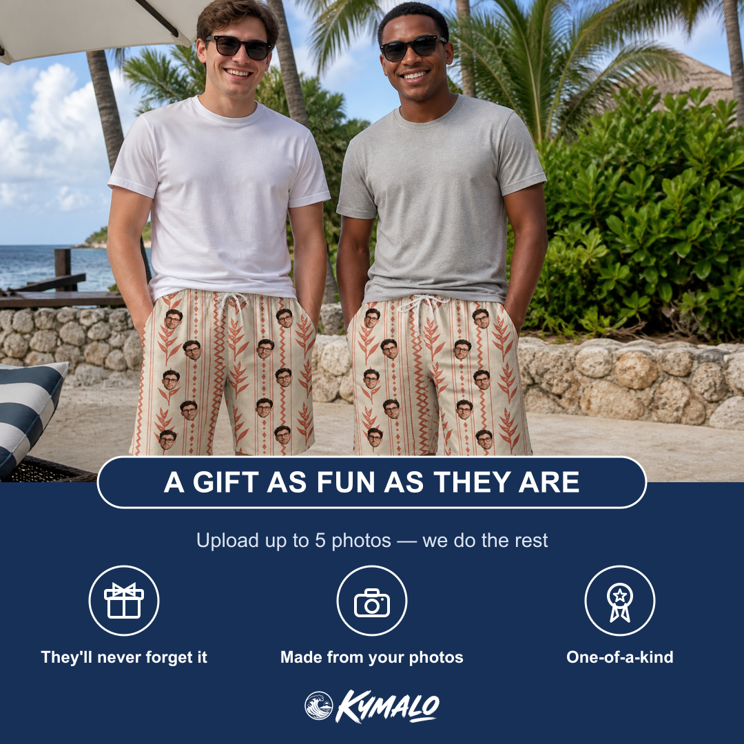 Friends in matching Men's Torch Blossoms Custom Face Beach Shorts — a group gift photo