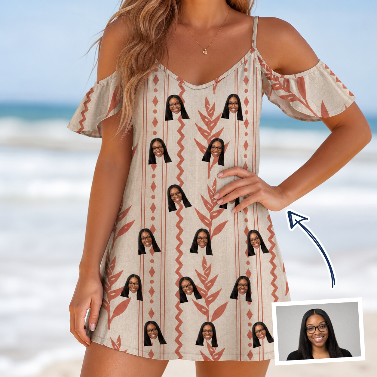 Woman wearing Women's Torch Blossoms Custom Face Off-Shoulder Dress — custom faces printed all-over