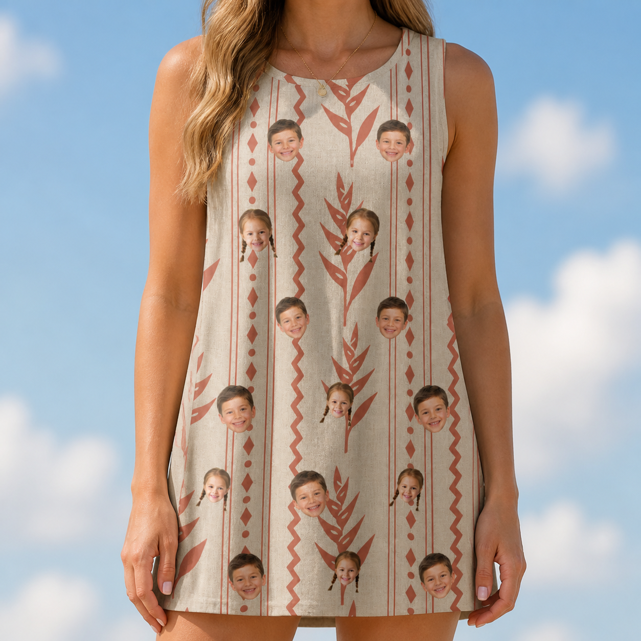 Model wearing Women's Torch Blossoms Custom Face Tank Dress printed with kids' faces
