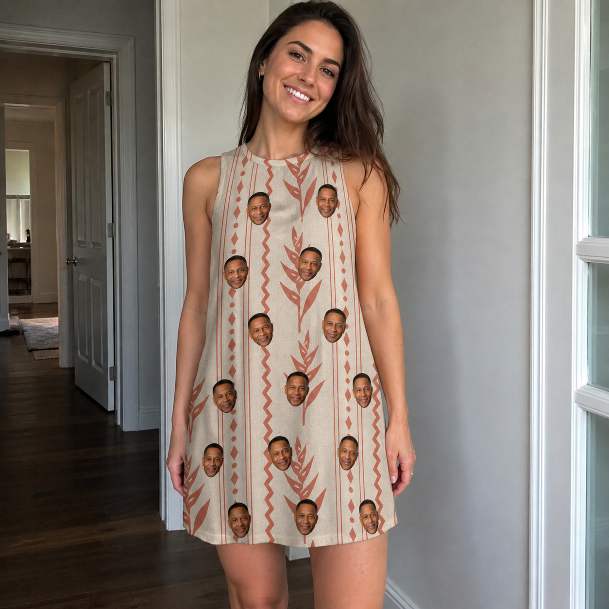 Real-life photo of someone wearing Women's Torch Blossoms Custom Face Tank Dress — custom faces printed all-over