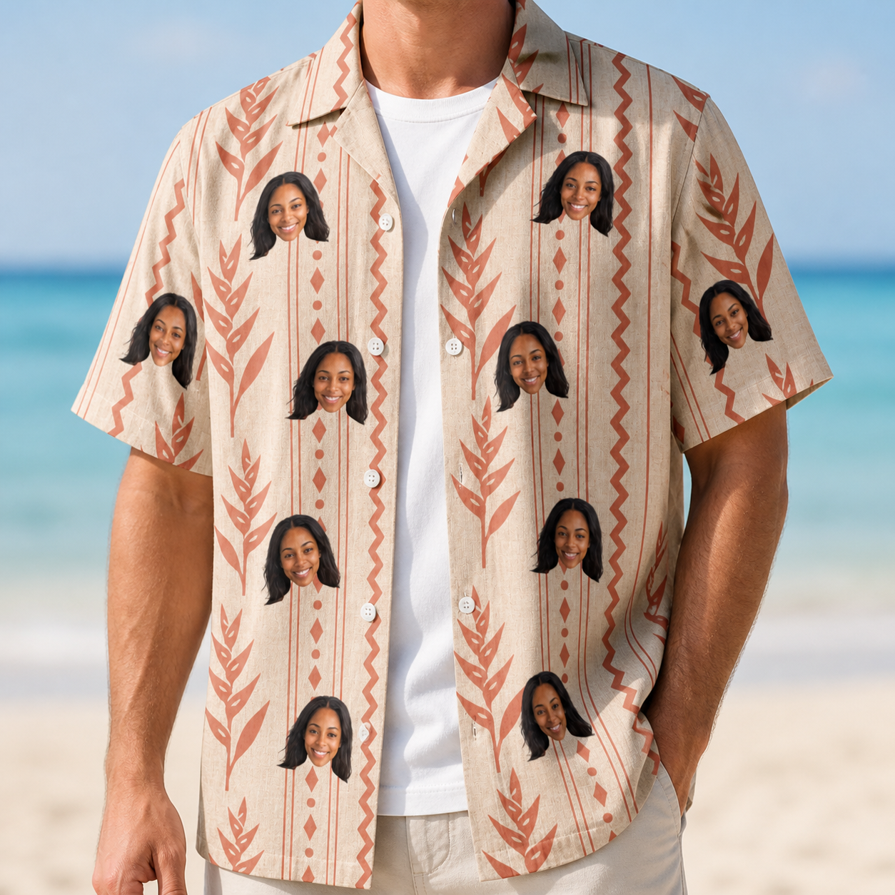 Man wearing Men's Torch Blossoms Custom Face Hawaiian Shirt open over a white tee