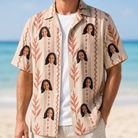 Man wearing Men's Torch Blossoms Custom Face Hawaiian Shirt open over a white tee
