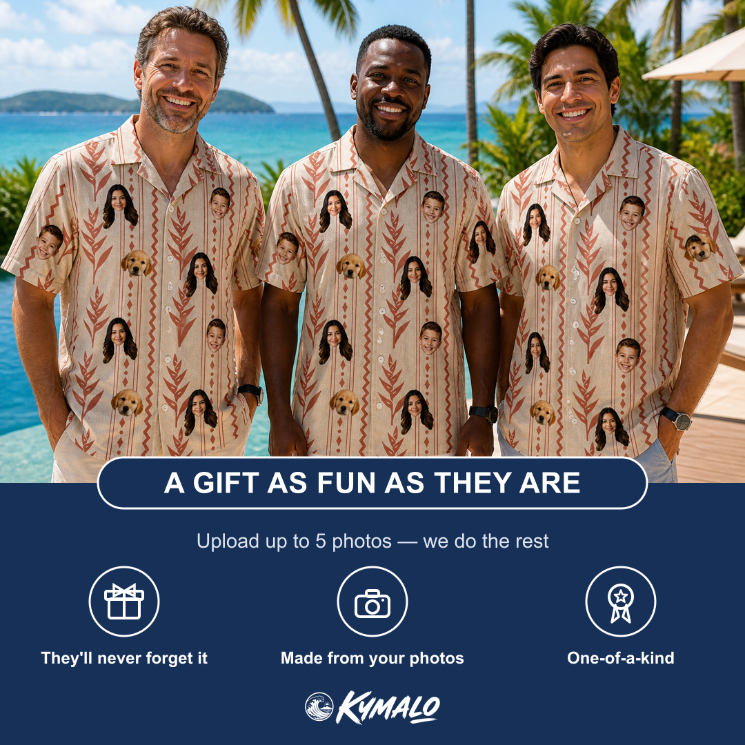 Friends in matching Men's Torch Blossoms Custom Face Hawaiian Shirt — a group gift photo