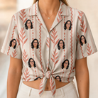 Woman wearing Women's Torch Blossoms Custom Face Hawaiian Shirt tied at the waist